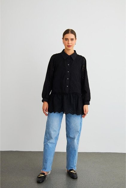 Black Women's Vale Stone Embroidered Skirt with Ruffles and Brode Shirt