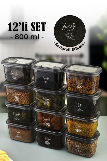 Beyaz Serigrafi Etiketli 12li Peggy Dikdörtgen Baharatlık Seti 800 Ml Antrasit