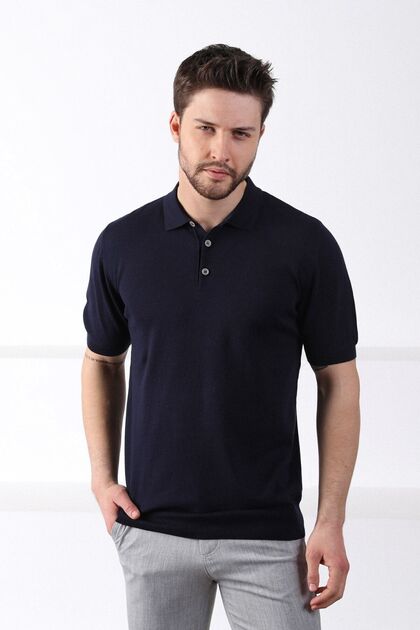 Navy Blue Polo Collar Solid Color 100% Cotton Men's Knitwear T-shirt 4178-kg