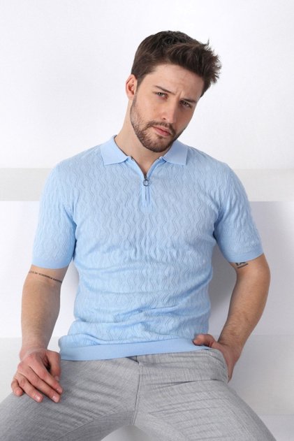 Blue Polo Collar Zippered 100% Cotton Men's Knitwear T-shirt