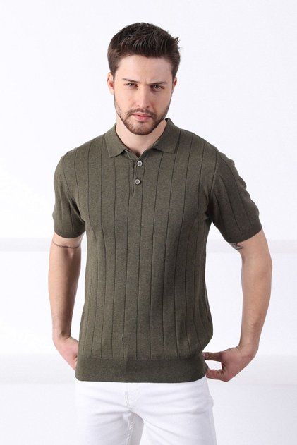Khaki Polo Collar Ribbed 100% Cotton Men's Knitwear T-shirt