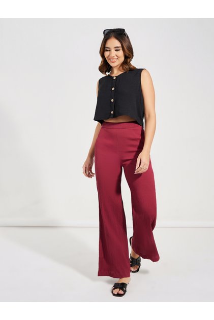 Textured Wide Leg Pants with Concealed Zip