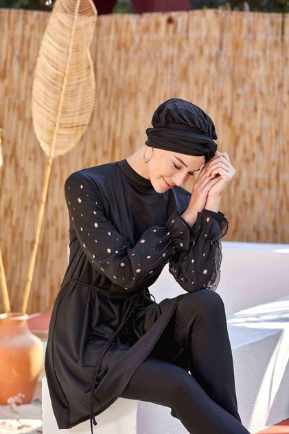 4557 Black Lycra Chiffon Sleeve Detailed Full Covered Hijab Swimsuit Set