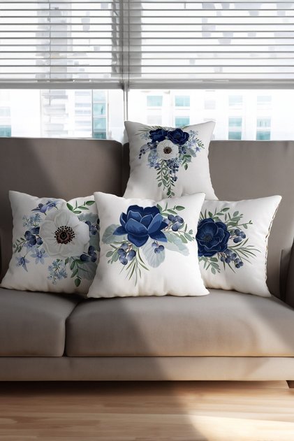Nature Themed Blue and White Colors Floral Patterned 4-Piece Digital Printed Throw Pillow Cover