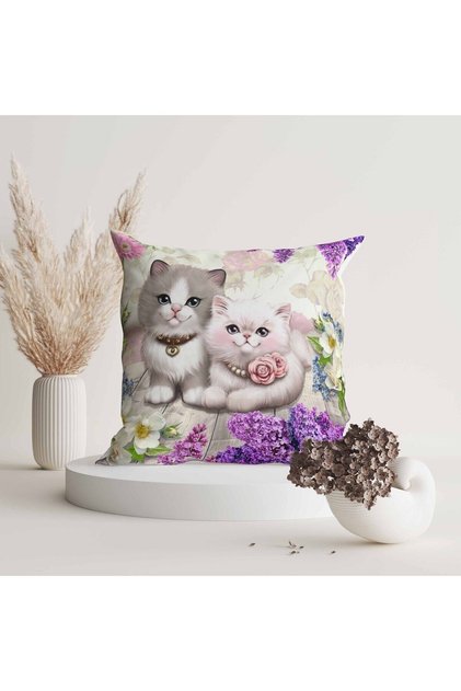 Pink and White Color Digital Printed Throw Pillow Cover with Cat Design