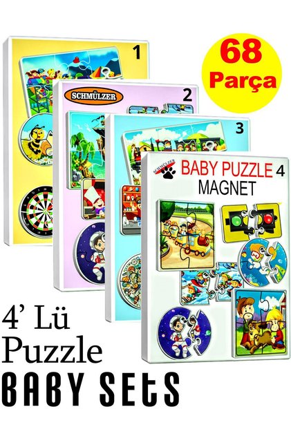 4'lü Set Baby Magnet Eğitici Puzzle - Yapboz Montessori Hediye oyuncak - 22 GÖRSEL 68 parça