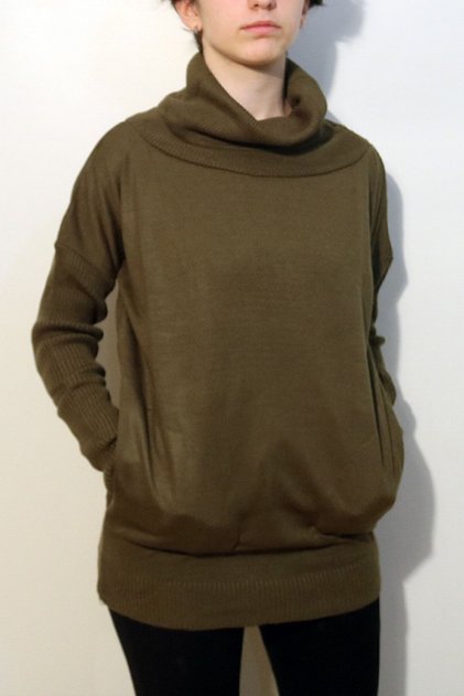 Khaki Degaje Collar Women's Knitwear Sweater with Standard Pocket Detail