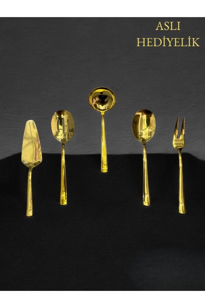 5 Pieces Stainless Steel Gold Colander, Ladle, Shovel, Fork, Spoon Serving Set - Dowry Box