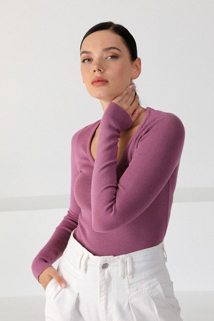 Women's Purple Square Collar Long Sleeve Knitwear Sweater
