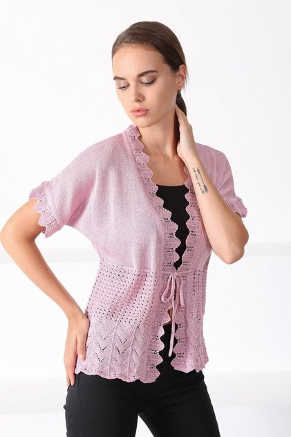 Women's Pink V-Neck Lace Detailed Knitwear Cardigan