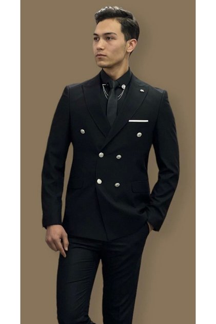 Black Slim Fit Bone Button Double Breasted Suit – Slimfit, Choose 1 Size Larger.