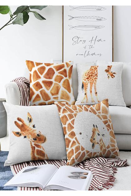 Set of 4 Double Sided Special Drawing Giraffe Designed Digital Printed Modern Raschel Knitted Throw Pillow Cover