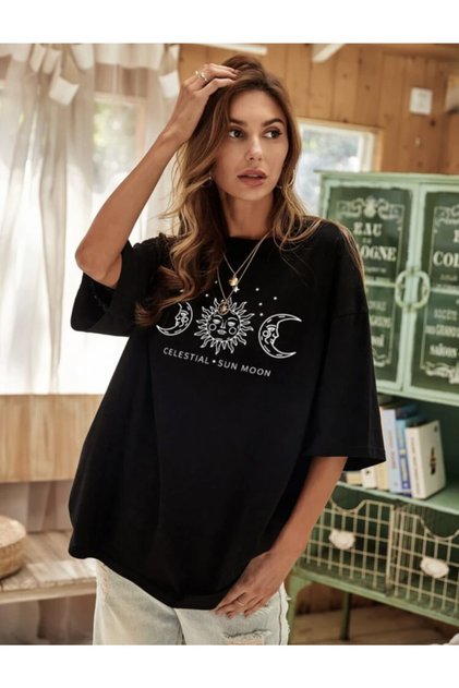Women's Black Sun Mood Printed Oversize T-Shirt