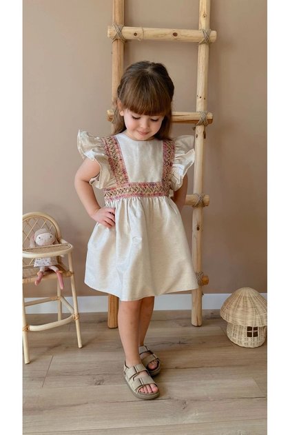 Cemre Knitted Detail Linen Girls' Dress