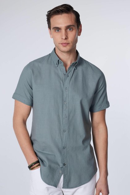 Cămașă gri pentru bărbați, slim fit, cu mânecă scurtă, 100% bumbac, in, textura, guler cu nasturi