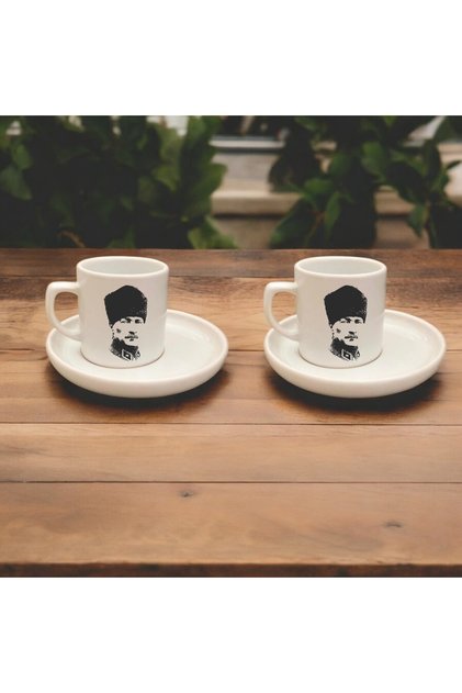 Coffee Cup Set with Atatürk Portrait, 2-Piece Turkish Coffee Cup Set, 4 Pieces with Atatürk Image