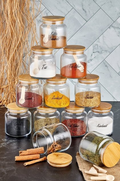 12-Piece Glass Jar with Wooden Lid (with Spoon) Storage Container Spice Jar Set 500 ml