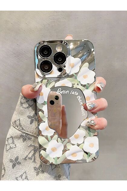 iPhone 15 Pro Silver Mirror Flower Pattern Stylish Case Luxury Cover Cute Flower