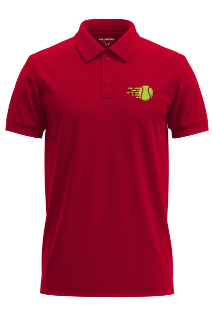 Court Tennis Ball Racket Printed Minimal Regular Fit 100% Cotton Polo Neck Red T-Shirt