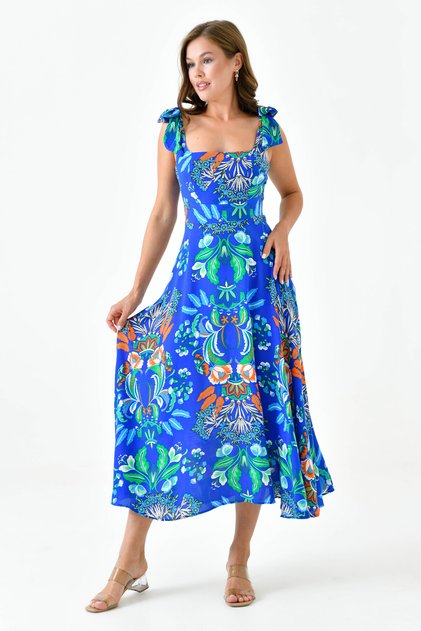 Women's blue floral print square neck midi dress with backless detail, bow tie strap design - style 105