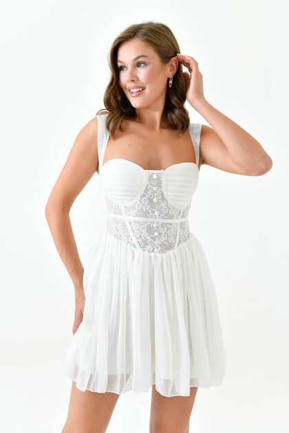 Women's white lined tulle fabric chest supported guipure and backless strap mini dress 105
