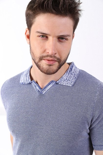 Cobalt Blue/white Eyelet Patterned Polo Collar 100% Cotton Men's Knitwear T-shirt