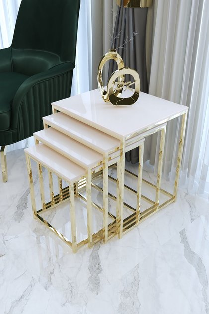 Duru 4'lü Kare Zigon Sehpa Seti Gold Ayak, Krem Mdf