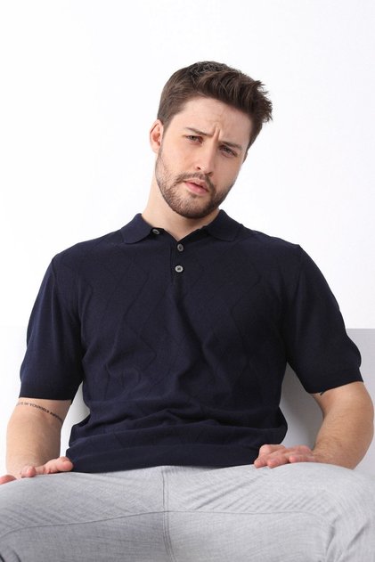 Navy Blue Polo Collar Baklava Pattern 100% Cotton Men's Knitwear T-shirt