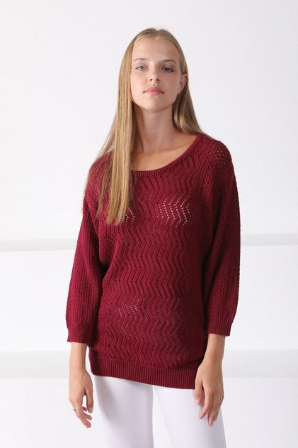 Women's Red O-Neck Openwork Wool Knitwear Sweater