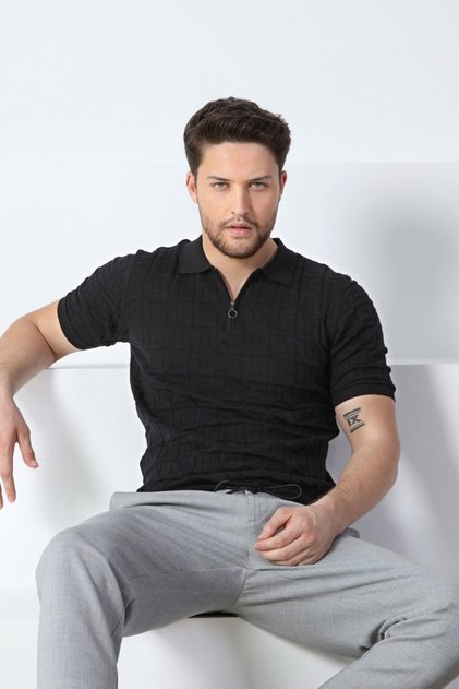 Black Polo Collar Zippered 100% Cotton Men's Knitwear T-shirt
