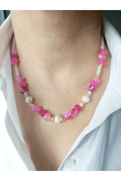 Pink Crystal Quartz Natural Stone Necklace with Real Pearl