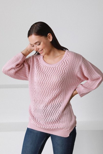 Women's Pink O-Neck Openwork Wool Knitwear Sweater