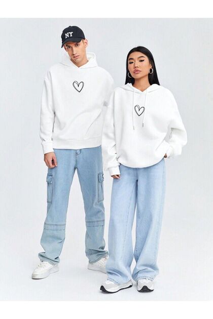 Unisex Heart Printed Oversized Winter Cotton Couple Matching Sweatshirt Hoodie