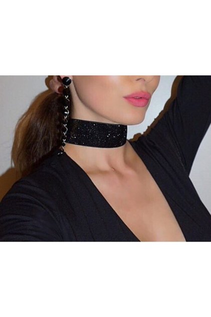 3 Cm Siyah Simli Elastik Choker Kolye