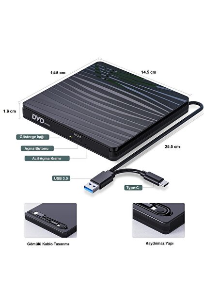 UpWay Dvd Rw Usb 3.0 Type-c Slim Harici Cd Dvd Yazıcı Okuyucu