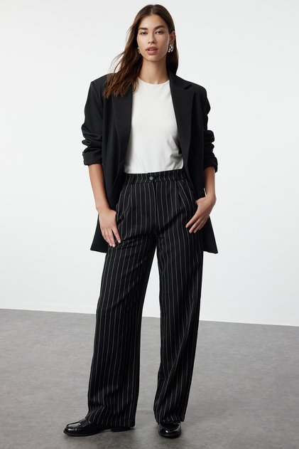 Black High Waist Wide Leg Striped Woven Pants Twoss22Pl0100