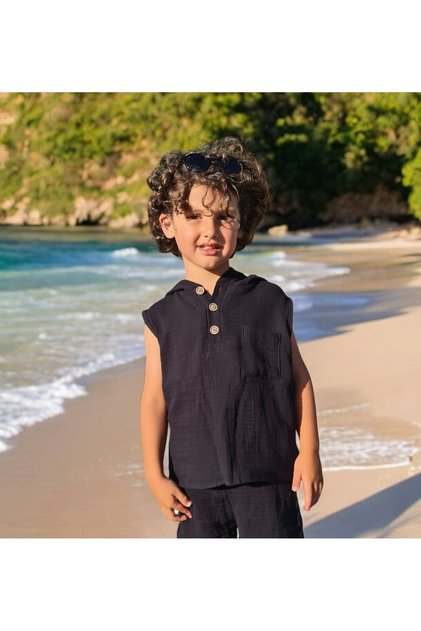 Boy's Hooded Sleeveless Muslin T-Shirt Hoodie