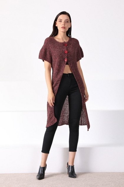 Women's Burgundy Round Neck Long Knitwear Cardigan