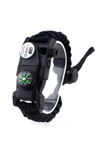 Multi-Purpose Survival Paracord Bracelet with LED Light Fire Starter Black & Orange