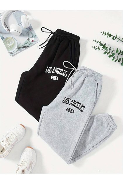 Women's Los Angeles Printed Double Gray-Black Winter Thick Shaped Cotton Jogger Sweatpants