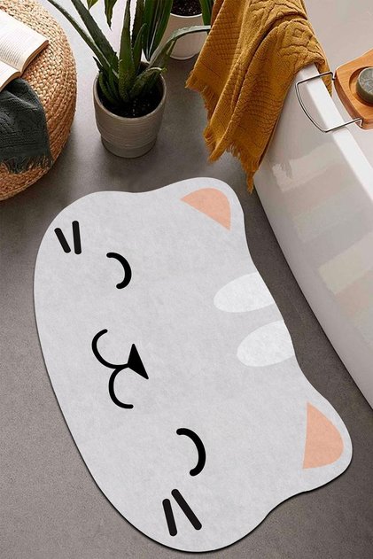 Digital Printing Anti-Slip Base Cute Cat A.grey Bath Mat Double Toilet Set (40x60) (60x100)-p16