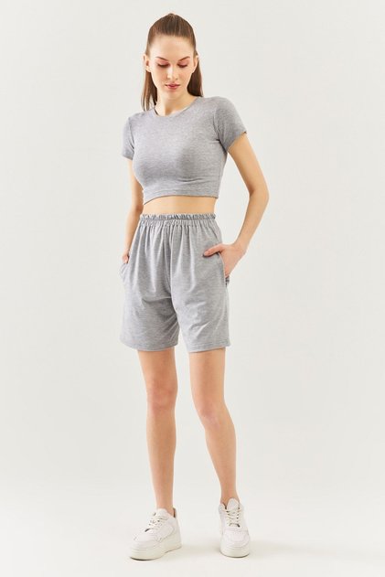 Gray Comfortable 100% Cotton Combed Cotton Short Trendy Women's Shorts with Elastic Waist Waist Pocket