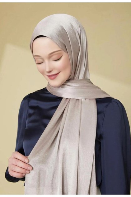 Evening Dress Janjan Shiny Satin Textured Hijab Evening Dress Chiffon Shawl