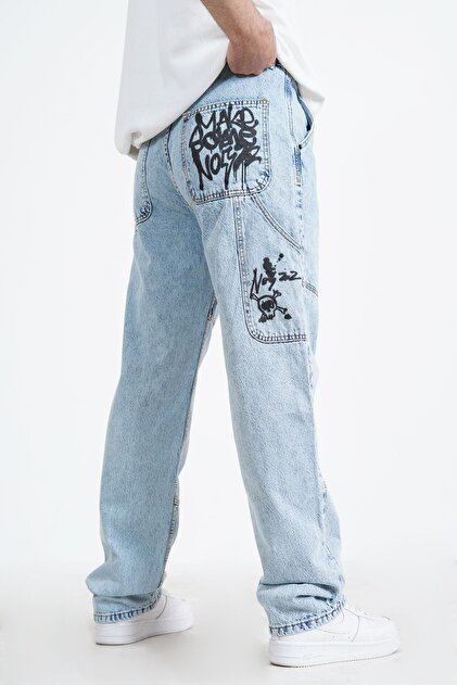 DİFRANSEL Dikişli Sprey Yazı Detay Mavi Baggy Jean - Fiyatı, Yorumları