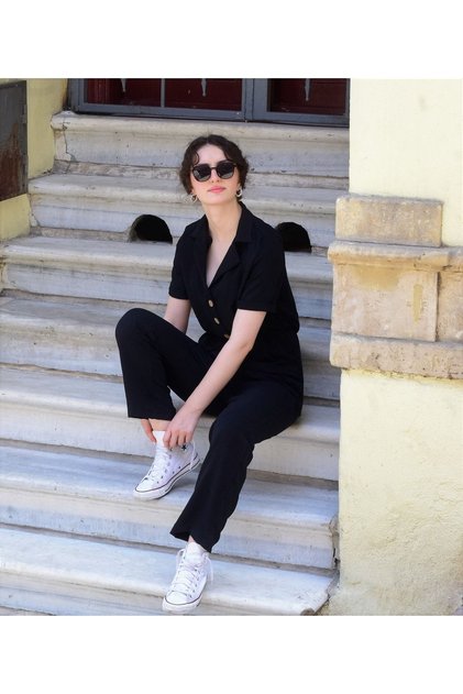 Women's 2622145 Black Pocketed Gathered Waist Belted Short Sleeve Linen Look Jacket Collar Casual Jumpsuit