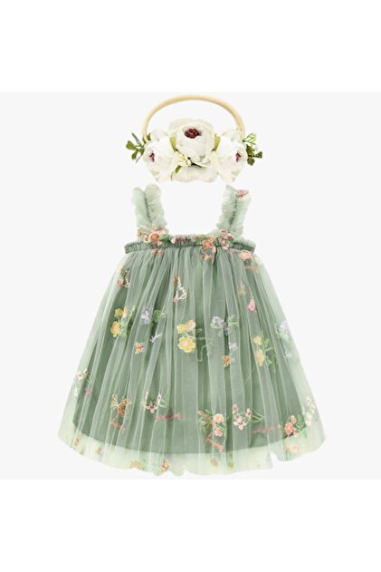 Petityu Green Embroidered Flower and Butterfly Patterned Cotton Lined  Girl's Birthday Dress- Trendyol