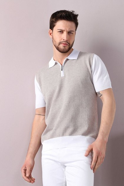 Beyaz/bej Polo Yaka Desenli %100 Pamuk Erkek Triko T-shirt