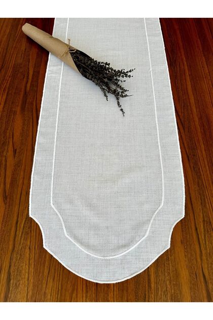 Double Row Ecru Embroidered Oval Linen Runner