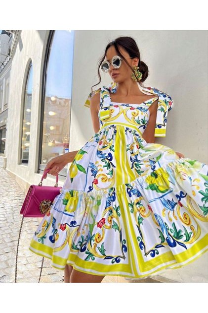 White Blue and Yellow Floral Print Shoulder-Tie Ruffled Midi Length Dress