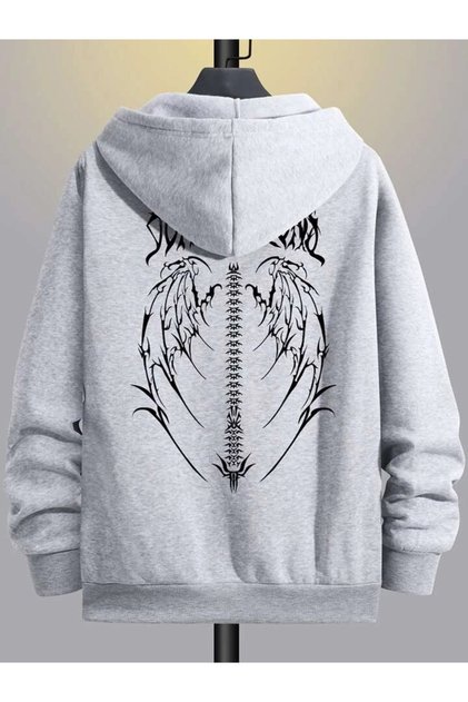 Gothic Wing Dragon's Bone Wing Sweatshirt Zip-Up Cardigan -Grey Oversize Thick Winter Hoodie